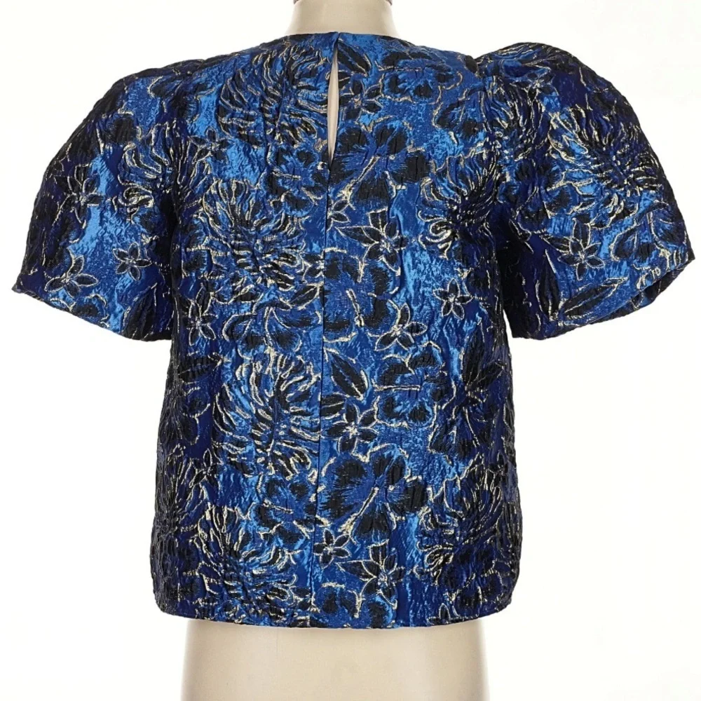 Lilly Pulitzer Pratt Brocade Top Blue Grotto Twilight Floral Gold Puff Sleeve S - Picture 2 of 5